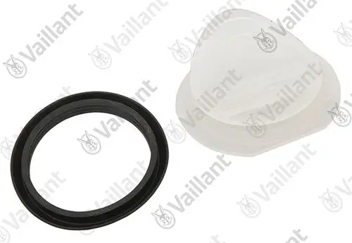 Vaillant Deckel mit Dichtung, bestehend aus einem transparenten Oberteil und einem schwarzen Dichtungsring, geeignet für spezifische Heizsysteme.